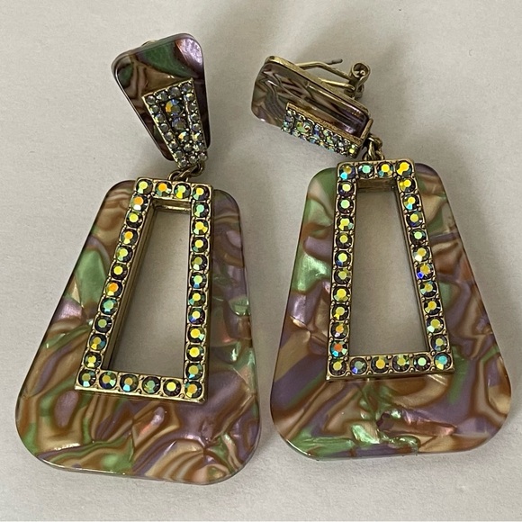 Heidi Daus abalone shell print plastic, Swarovski crystal pierced earrings